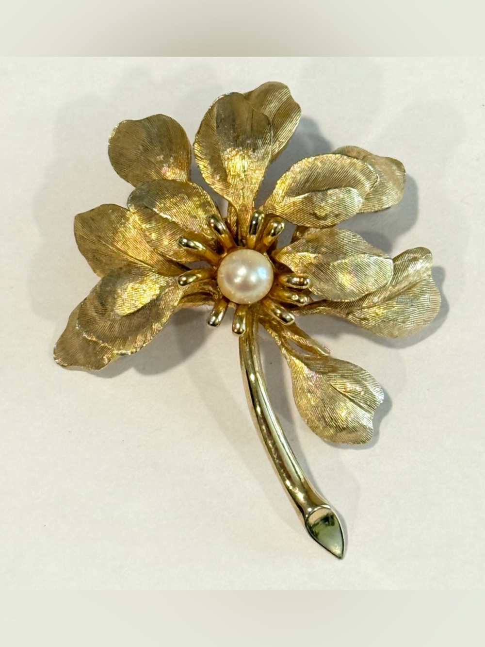 Vintage MARCEL BOUCHER Cultured Pearl Brooch Flower Floral Gold Tone Textured